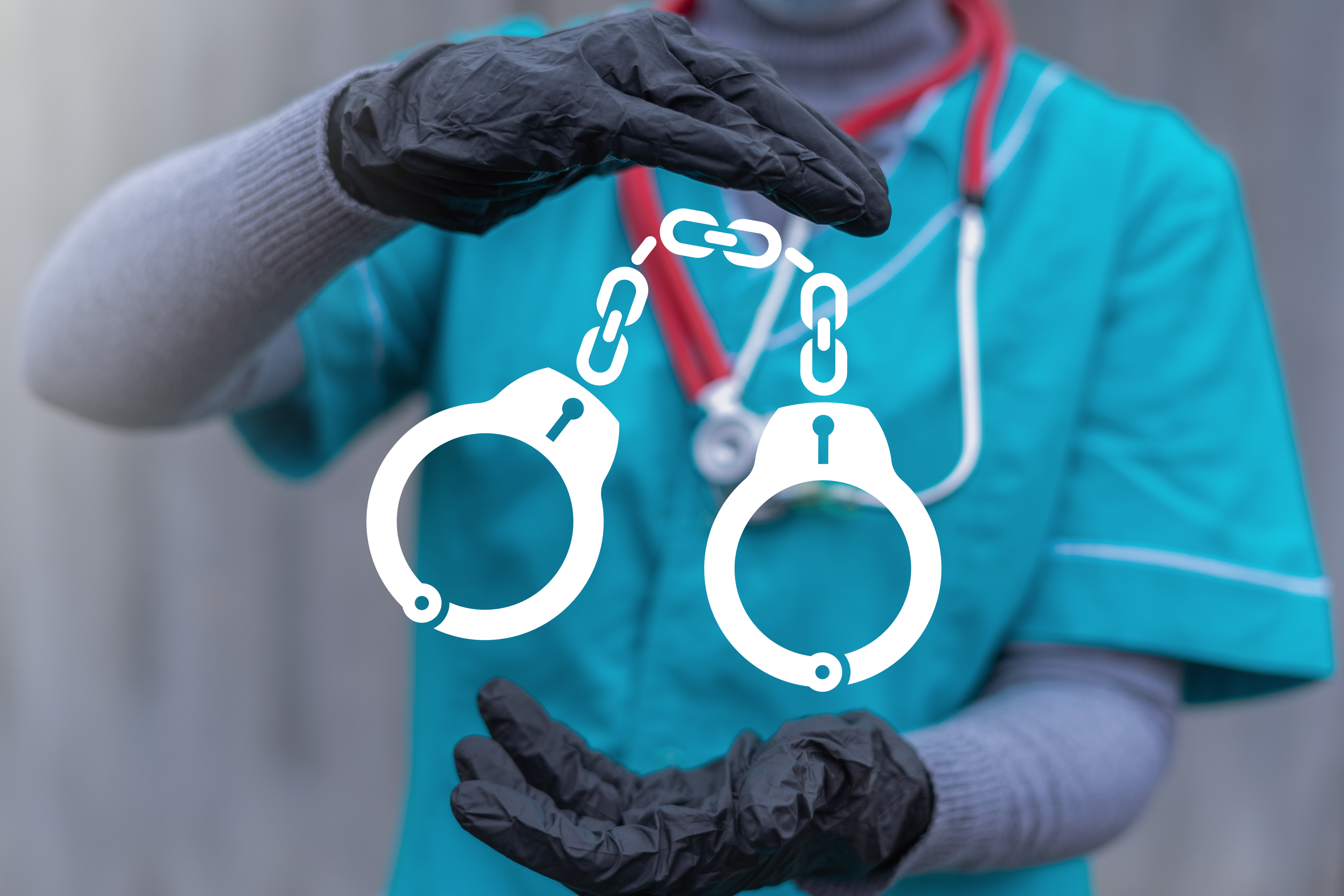 Doctor,Hold,In,Hands,A,Handcuffs,Virtual,Icon.,Concept,Of